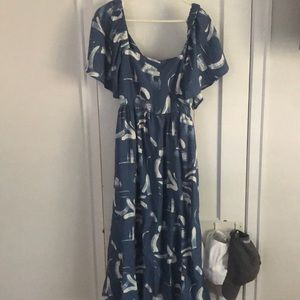 Blue and white square neck midi with open back